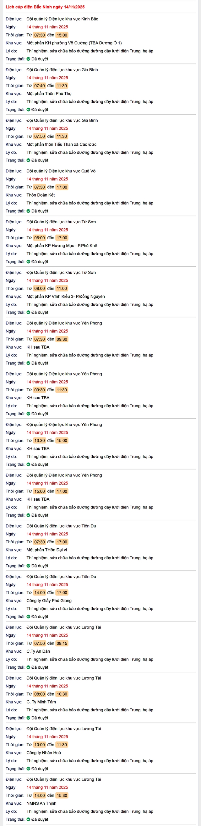 Tra cứu lịch cắt điện Bắc Ninh hôm nay Thứ 6 ngày 14/11/2025- Ảnh 1. Tra cứu lịch cắt điện Bắc Ninh hôm nay Thứ 6 ngày 14/11/2025- Ảnh 1.