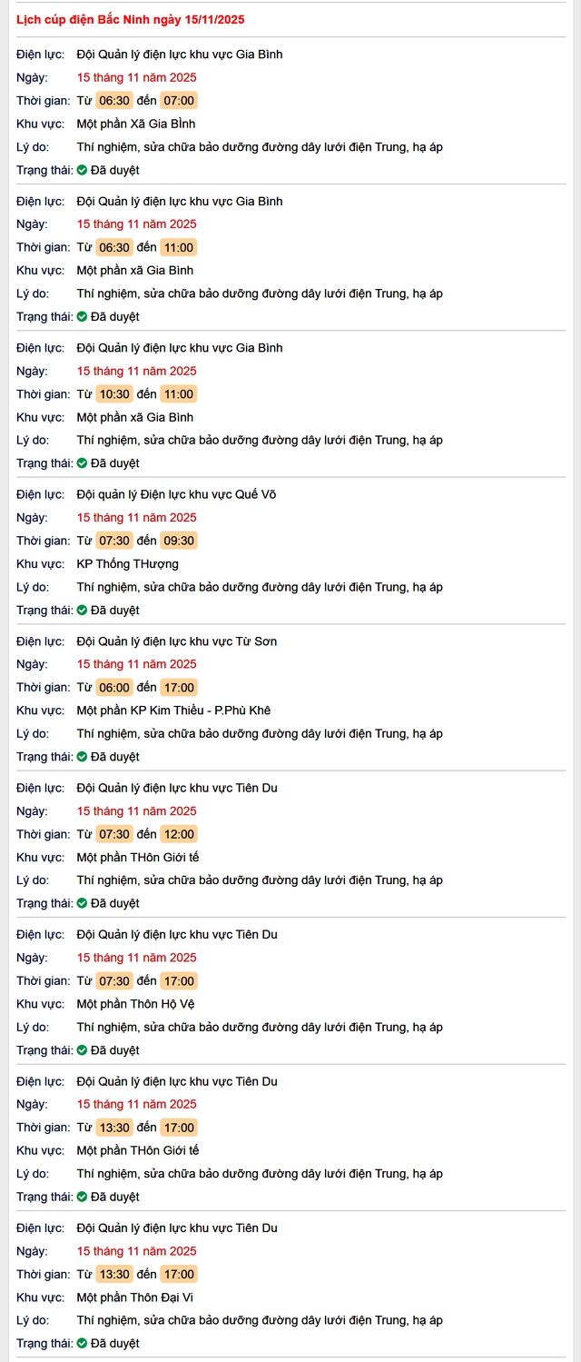 Tra cứu lịch cắt điện Bắc Ninh hôm nay Thứ 7 ngày 15/11/2025- Ảnh 1. Tra cứu lịch cắt điện Bắc Ninh hôm nay Thứ 7 ngày 15/11/2025- Ảnh 1.