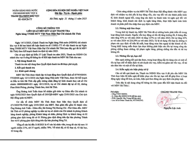 Kết luận thanh tra Ngân hàng TNHH MBV Việt Nam Hiện đại chi nhánh Hà Tĩnh- Ảnh 2.