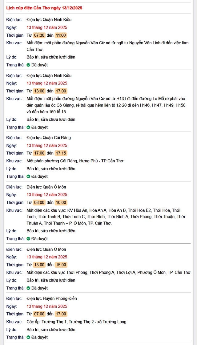 Tra cứu lịch cúp điện Cần Thơ hôm nay Thứ 7 ngày 13/12/2025- Ảnh 1. Tra cứu lịch cúp điện Cần Thơ hôm nay Thứ 7 ngày 13/12/2025- Ảnh 1.