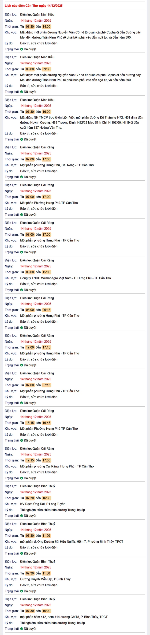 Tra cứu lịch cúp điện Cần Thơ hôm nay Chủ Nhật ngày 14/12/2025- Ảnh 1. Tra cứu lịch cúp điện Cần Thơ hôm nay Chủ Nhật ngày 14/12/2025- Ảnh 1.