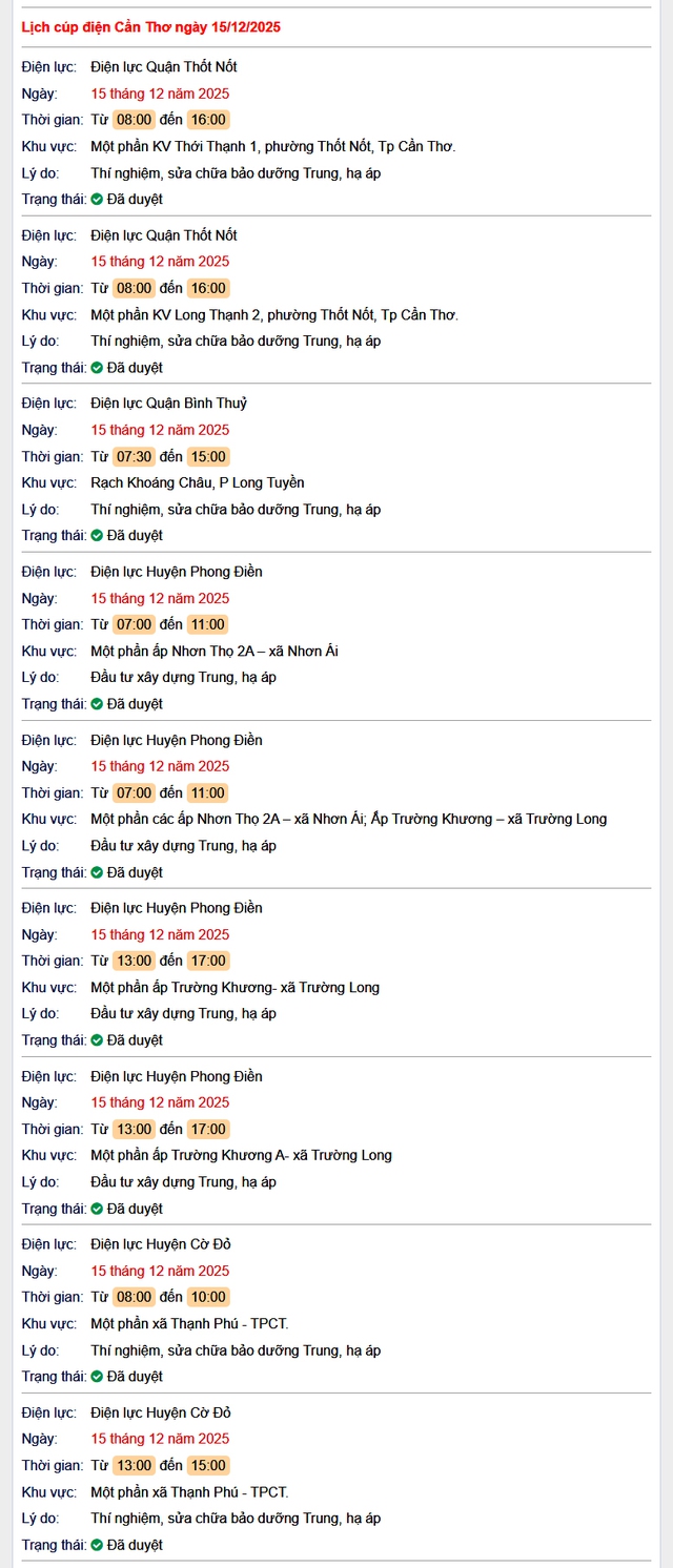 Tra cứu lịch cúp điện Cần Thơ hôm nay Thứ 2 ngày 15/12/2025- Ảnh 1.
