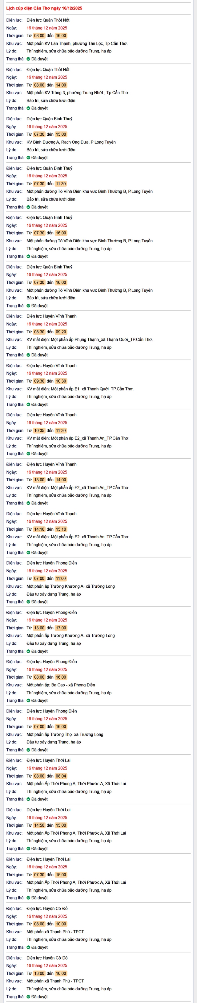 Tra cứu lịch cúp điện Cần Thơ hôm nay Thứ 3 ngày 16/12/2025- Ảnh 1.
