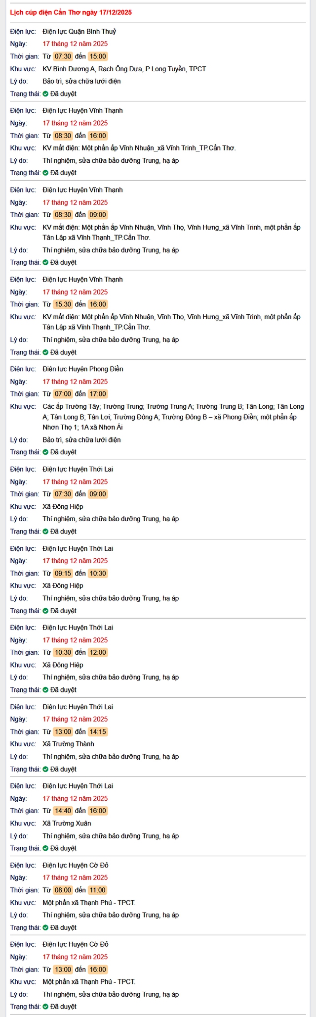 Tra cứu lịch cúp điện Cần Thơ hôm nay Thứ 4 ngày 17/12/2025- Ảnh 1.