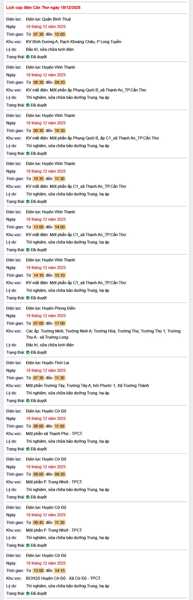 Tra cứu lịch cúp điện Cần Thơ hôm nay Thứ 5 ngày 18/12/2025- Ảnh 1.