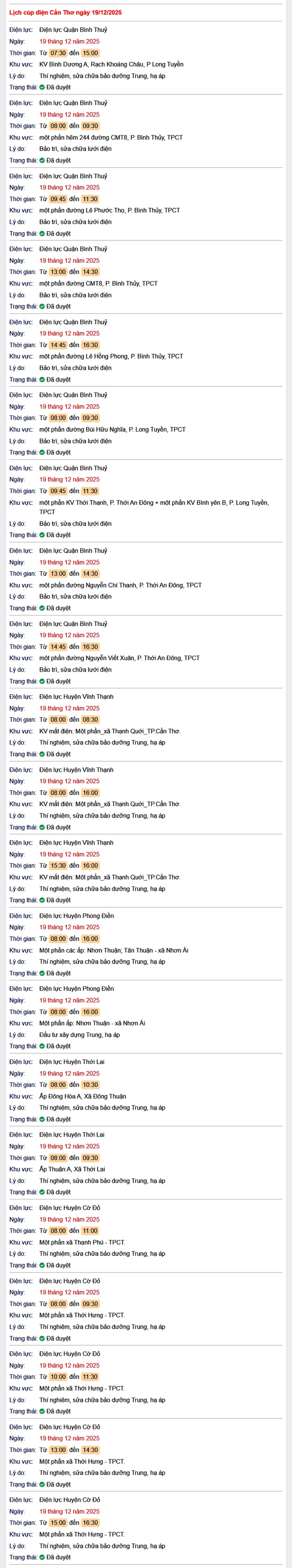Tra cứu lịch cúp điện Cần Thơ hôm nay Thứ 6 ngày 19/12/2025- Ảnh 1.