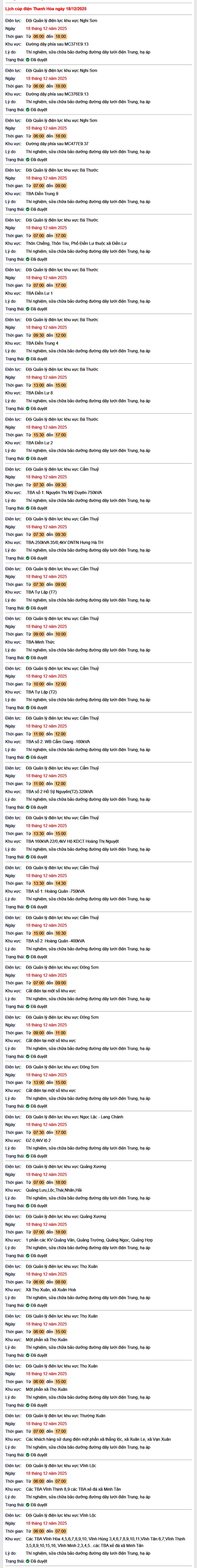 Tra cứu lịch cắt điện Thanh Hóa hôm nay Thứ 5 ngày 18/12/2025- Ảnh 1.