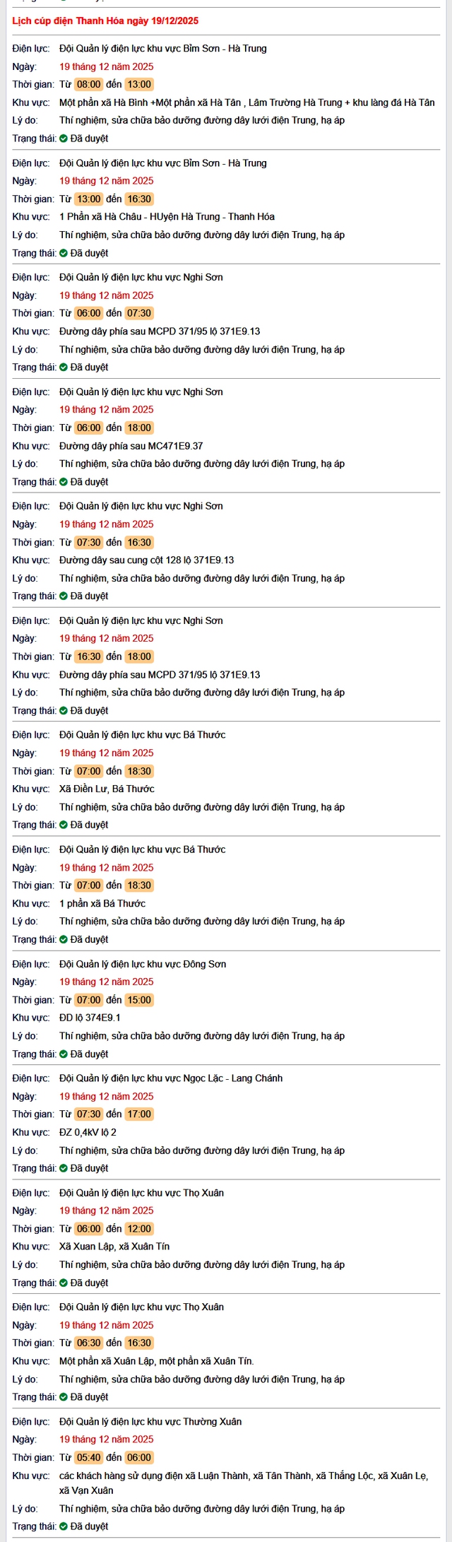 Tra cứu lịch cắt điện Thanh Hóa hôm nay Thứ 6 ngày 19/12/2025- Ảnh 1.
