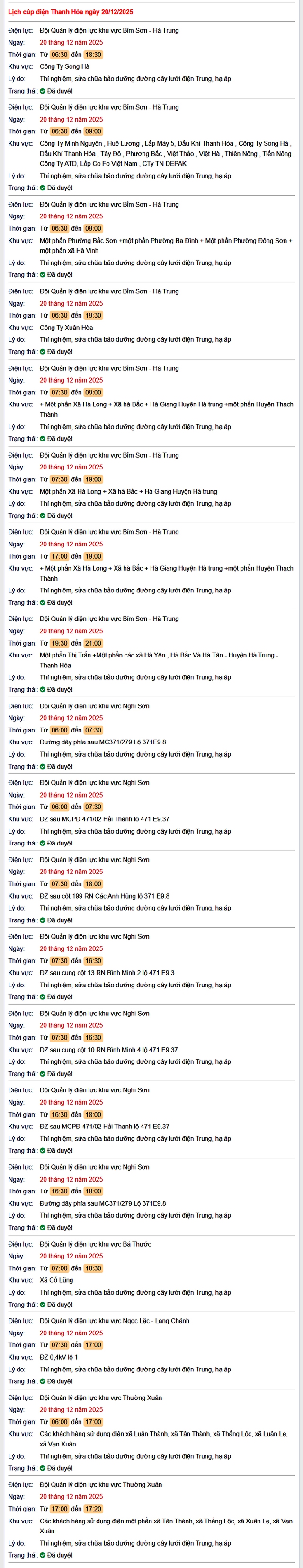 Tra cứu lịch cắt điện Thanh Hóa hôm nay Thứ 7 ngày 20/12/2025- Ảnh 1.