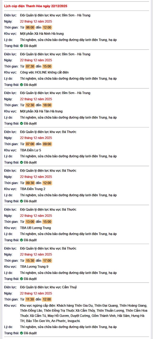 Tra cứu lịch cắt điện Thanh Hóa hôm nay Thứ 2 ngày 22/12/2025- Ảnh 1.
