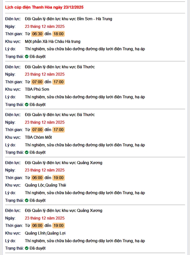 Tra cứu lịch cắt điện Thanh Hóa hôm nay Thứ 3 ngày 23/12/2025- Ảnh 1.