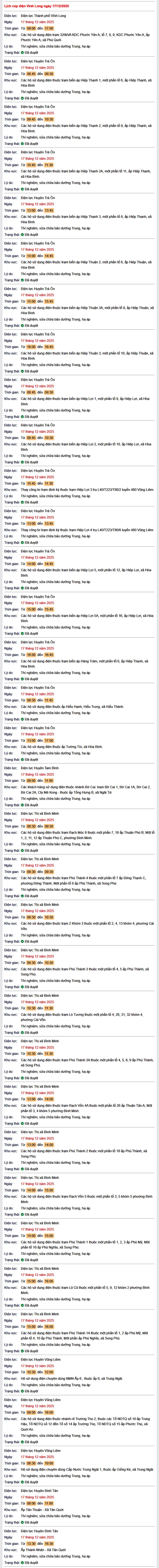 Tra cứu lịch cúp điện Vĩnh Long hôm nay Thứ 4 ngày 17/12/2025- Ảnh 1.