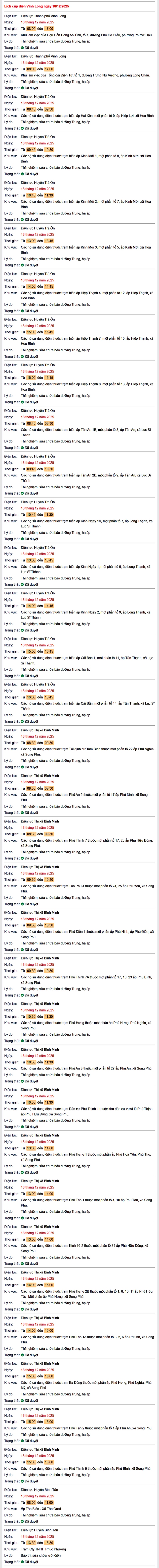 Tra cứu lịch cúp điện Vĩnh Long hôm nay Thứ 5 ngày 18/12/2025- Ảnh 1.