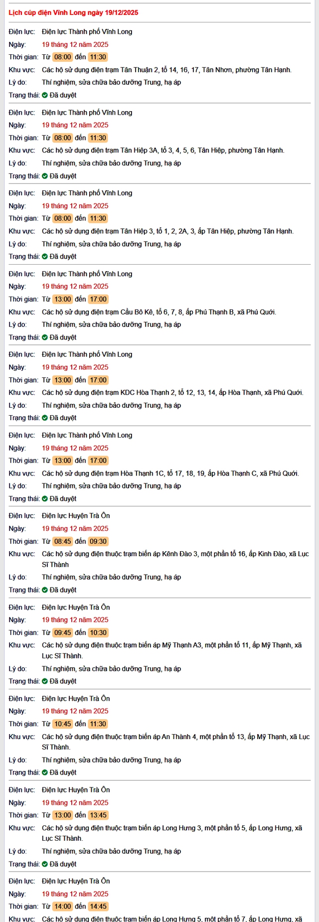 Tra cứu lịch cúp điện Vĩnh Long hôm nay Thứ 6 ngày 19/12/2025- Ảnh 1.