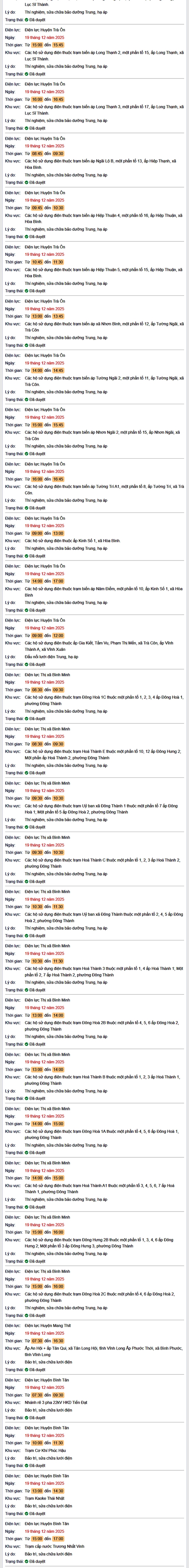 Tra cứu lịch cúp điện Vĩnh Long hôm nay Thứ 6 ngày 19/12/2025- Ảnh 2.