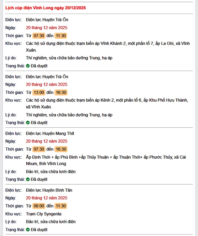 Tra cứu lịch cúp điện Vĩnh Long hôm nay Thứ 7 ngày 20/12/2025- Ảnh 1.