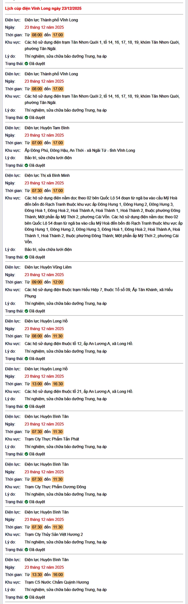 Tra cứu lịch cúp điện Vĩnh Long hôm nay Thứ 3 ngày 23/12/2025- Ảnh 1.