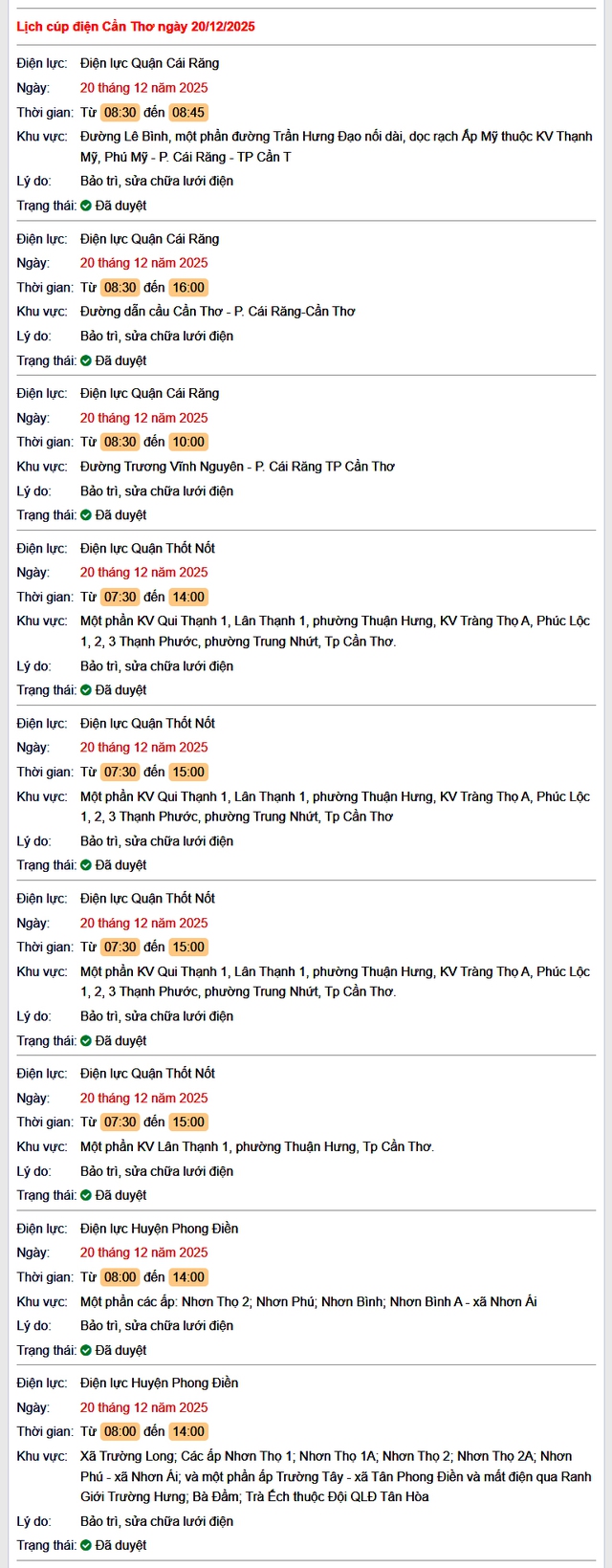 Tra cứu lịch cúp điện Cần Thơ hôm nay Thứ 7 ngày 20/12/2025- Ảnh 1. Tra cứu lịch cúp điện Cần Thơ hôm nay Thứ 7 ngày 20/12/2025- Ảnh 1.