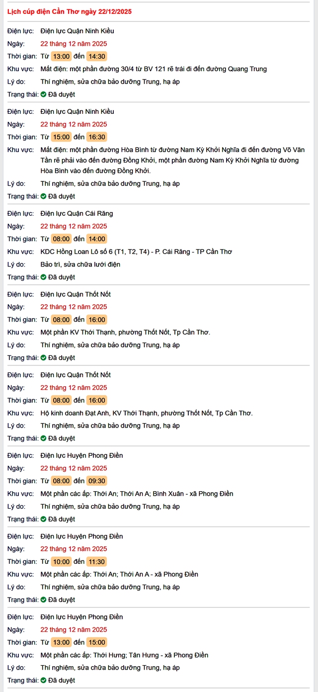 Tra cứu lịch cúp điện Cần Thơ hôm nay Thứ 2 ngày 22/12/2025- Ảnh 1. Tra cứu lịch cúp điện Cần Thơ hôm nay Thứ 2 ngày 22/12/2025- Ảnh 1.
