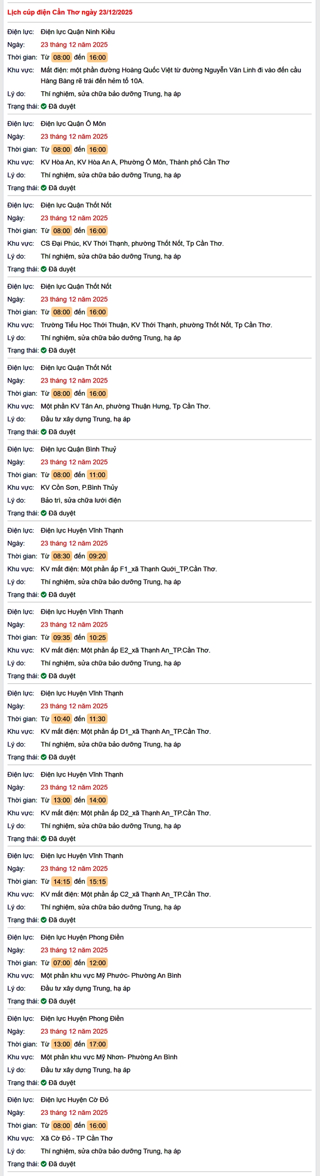 Tra cứu lịch cúp điện Cần Thơ hôm nay Thứ 3 ngày 23/12/2025- Ảnh 1.