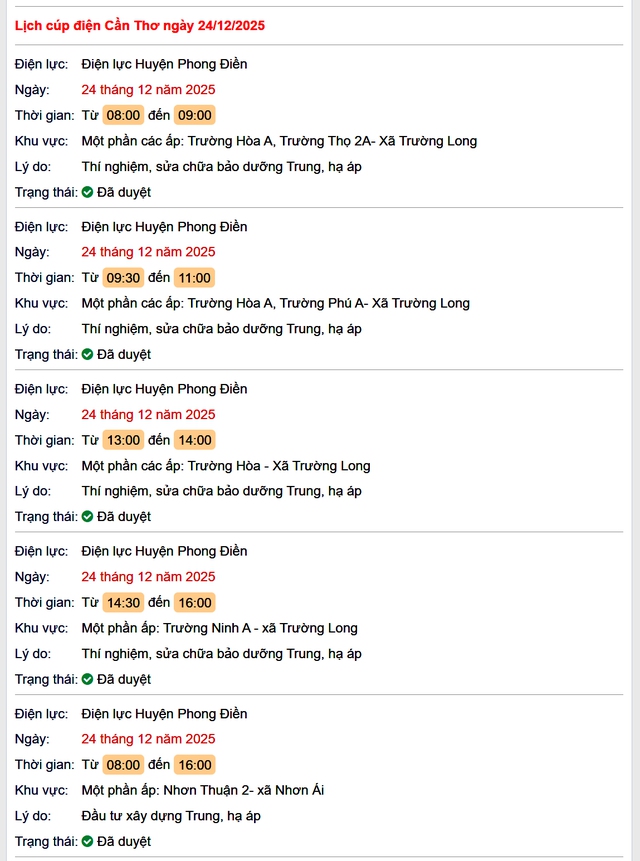 Tra cứu lịch cúp điện Cần Thơ hôm nay Thứ 4 ngày 24/12/2025- Ảnh 1.