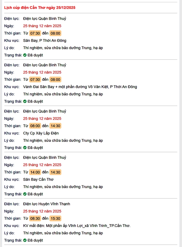 Tra cứu lịch cúp điện Cần Thơ hôm nay Thứ 5 ngày 25/12/2025- Ảnh 1.