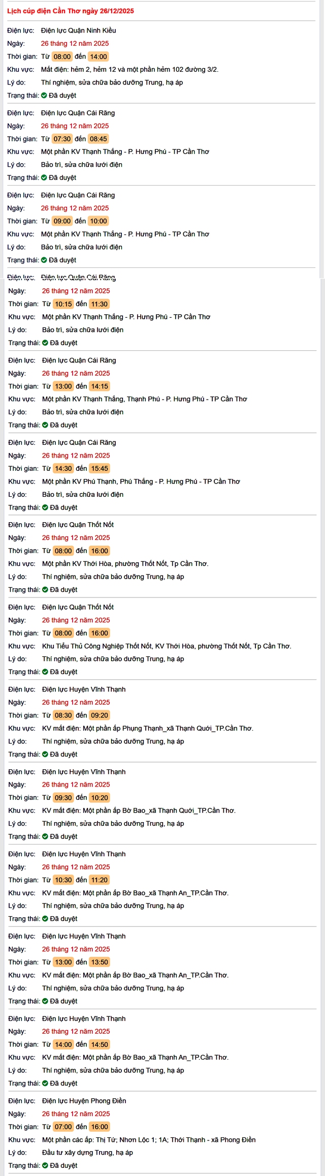 Tra cứu lịch cúp điện Cần Thơ hôm nay Thứ 6 ngày 26/12/2025- Ảnh 1.