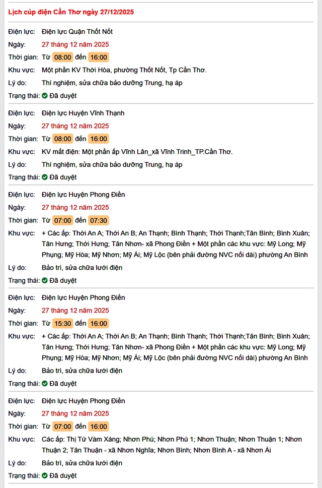 Tra cứu lịch cúp điện Cần Thơ hôm nay Thứ 7 ngày 27/12/2025- Ảnh 1.
