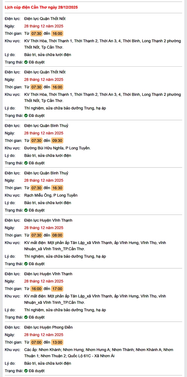 Tra cứu lịch cúp điện Cần Thơ hôm nay Chủ Nhật ngày 28/12/2025- Ảnh 1.