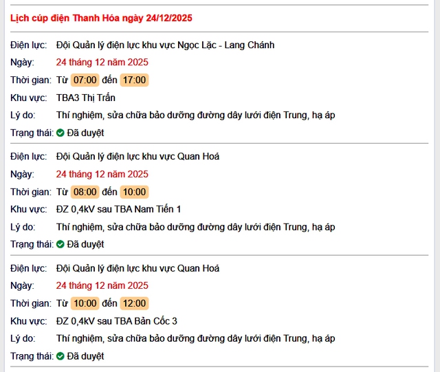 Tra cứu lịch cắt điện Thanh Hóa hôm nay Thứ 4 ngày 24/12/2025- Ảnh 1.