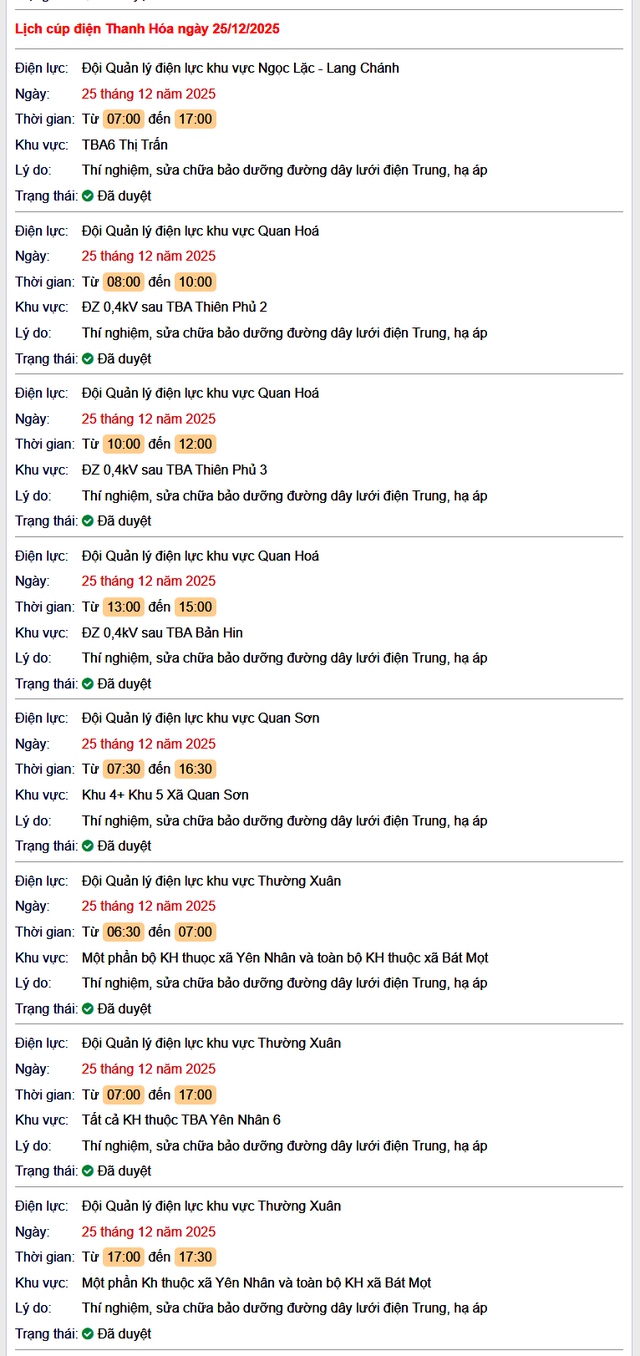 Tra cứu lịch cắt điện Thanh Hóa hôm nay Thứ 5 ngày 25/12/2025- Ảnh 1.