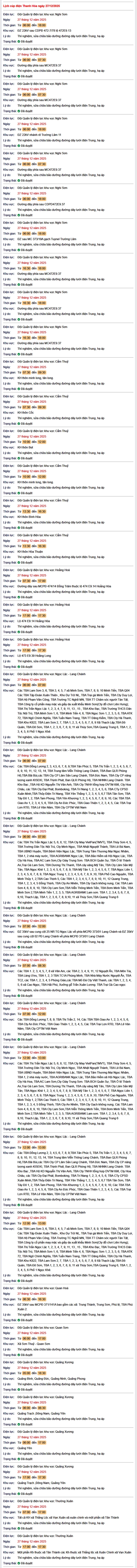 Tra cứu lịch cắt điện Thanh Hóa hôm nay Thứ 7 ngày 27/12/2025- Ảnh 1.
