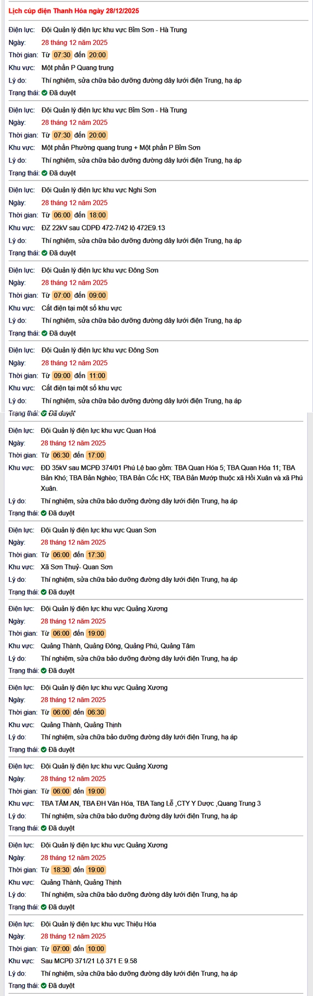 Tra cứu lịch cắt điện Thanh Hóa hôm nay Chủ Nhật ngày 28/12/2025- Ảnh 1.