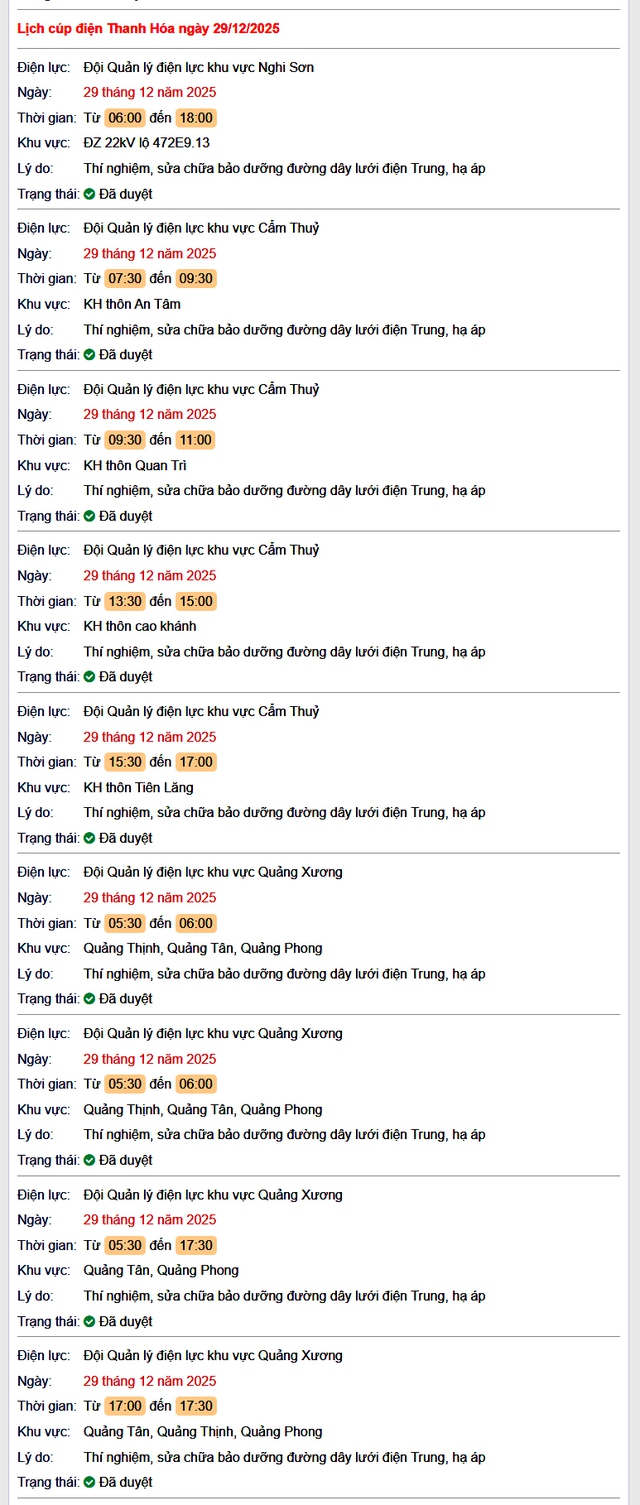 Tra cứu lịch cắt điện Thanh Hóa hôm nay Thứ 2 ngày 29/12/2025- Ảnh 1.
