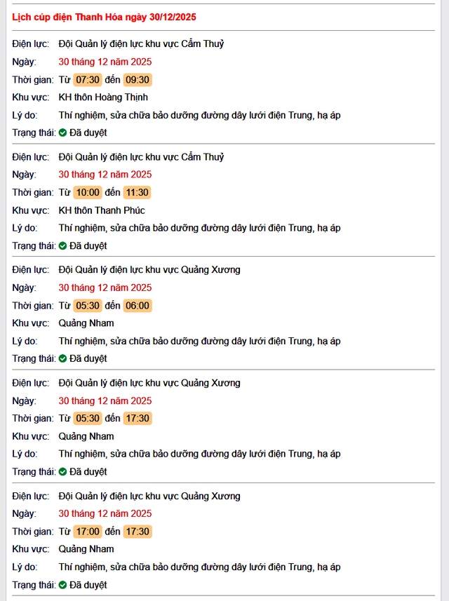 Tra cứu lịch cắt điện Thanh Hóa hôm nay Thứ 3 ngày 30/12/2025- Ảnh 1.