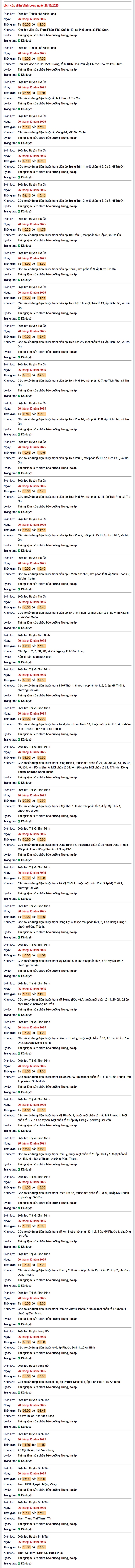 Tra cứu lịch cúp điện Vĩnh Long hôm nay Thứ 6 ngày 26/12/2025- Ảnh 1.