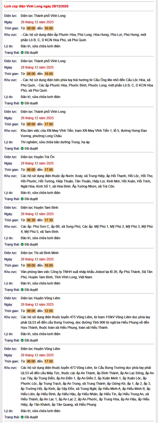 Tra cứu lịch cúp điện Vĩnh Long hôm nay Chủ Nhật ngày 28/12/2025- Ảnh 1.