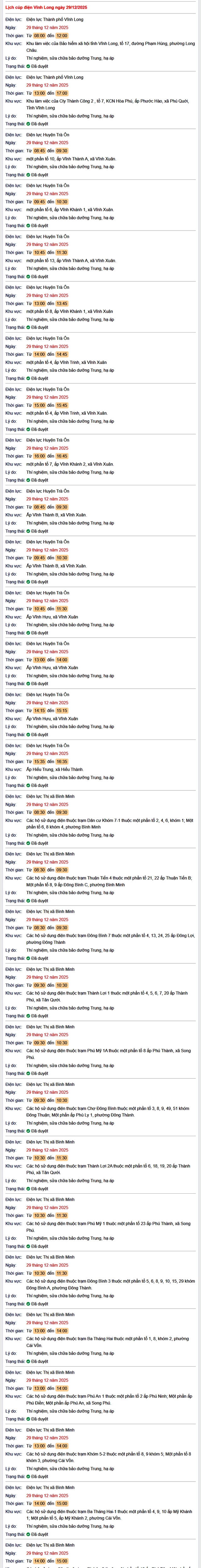 Tra cứu lịch cúp điện Vĩnh Long hôm nay Thứ 2 ngày 29/12/2025- Ảnh 1.