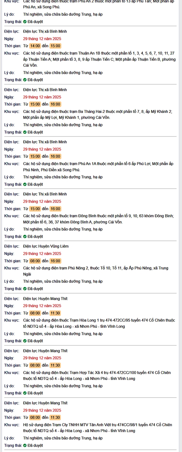 Tra cứu lịch cúp điện Vĩnh Long hôm nay Thứ 2 ngày 29/12/2025- Ảnh 2.