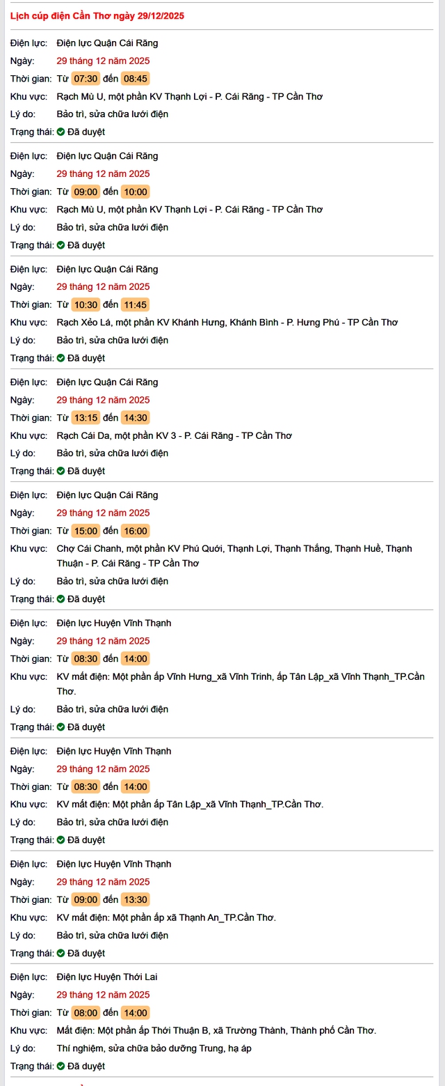 Tra cứu lịch cúp điện Cần Thơ hôm nay Thứ 2 ngày 29/12/2025- Ảnh 1.