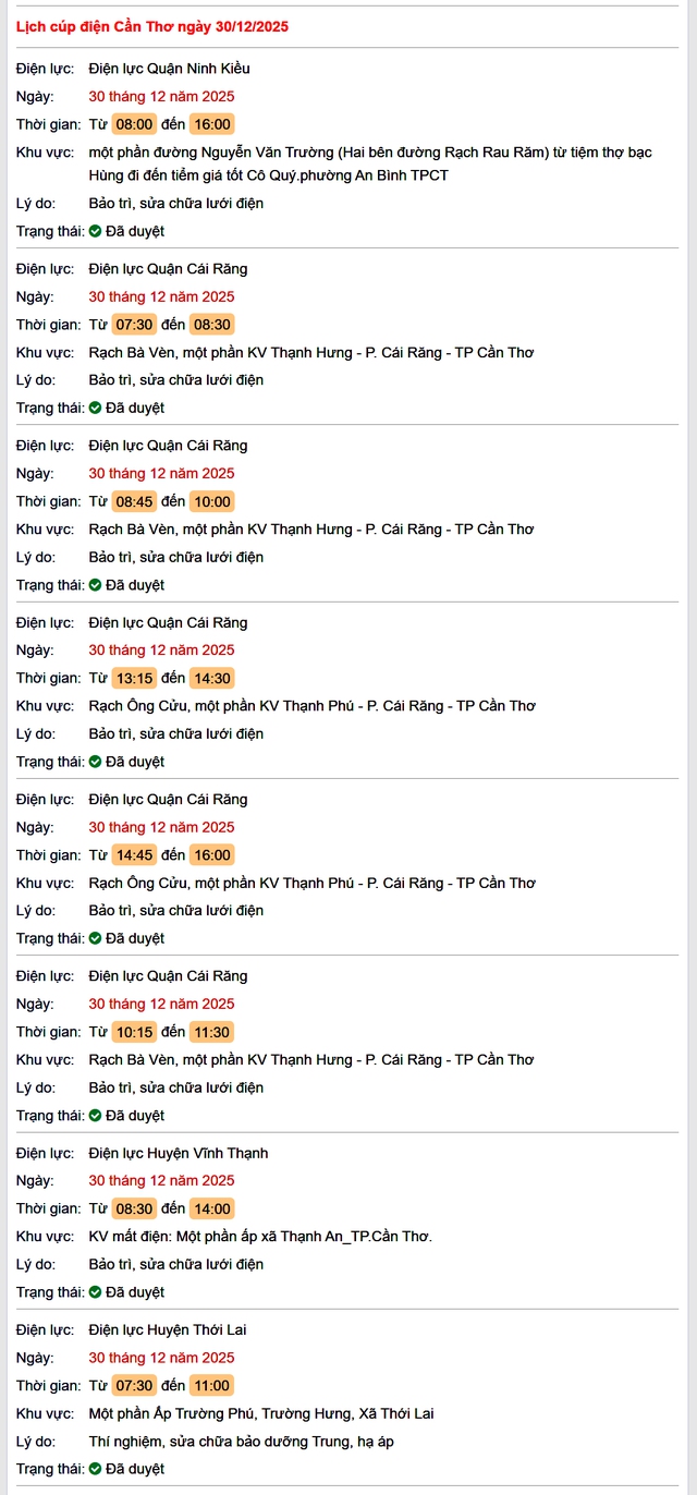 Tra cứu lịch cúp điện Cần Thơ hôm nay Thứ 3 ngày 30/12/2025- Ảnh 1.