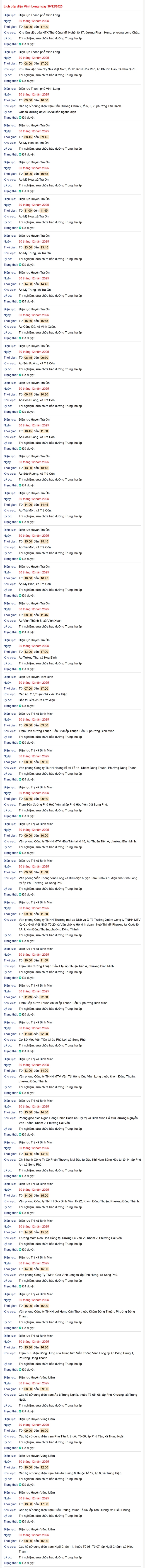Tra cứu lịch cúp điện Vĩnh Long hôm nay Thứ 3 ngày 30/12/2025- Ảnh 1.