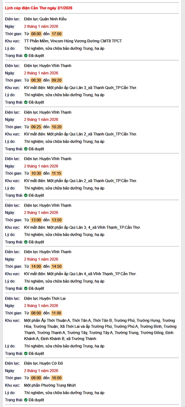 Tra cứu lịch cúp điện Cần Thơ hôm nay Thứ 6 ngày 2/1/2026- Ảnh 1.