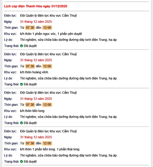 Tra cứu lịch cắt điện Thanh Hóa hôm nay Thứ 4 ngày 31/12/2025- Ảnh 1.