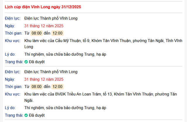 Tra cứu lịch cúp điện Vĩnh Long hôm nay Thứ 4 ngày 31/12/2025- Ảnh 1.