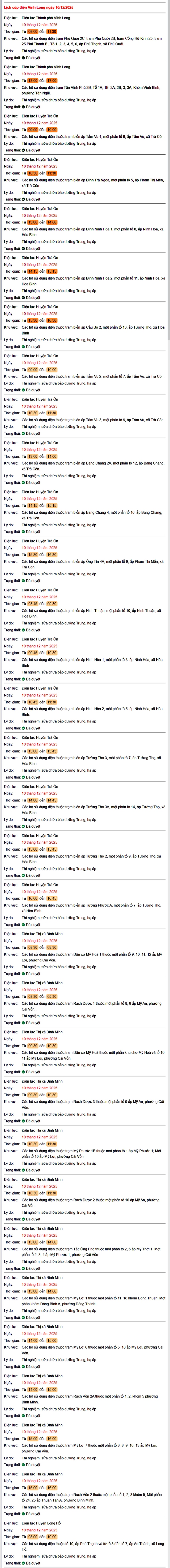 Tra cứu lịch cúp điện Vĩnh Long hôm nay thứ 4 ngày 10/12/2025- Ảnh 1. Tra cứu lịch cúp điện Vĩnh Long hôm nay thứ 4 ngày 10/12/2025- Ảnh 1.