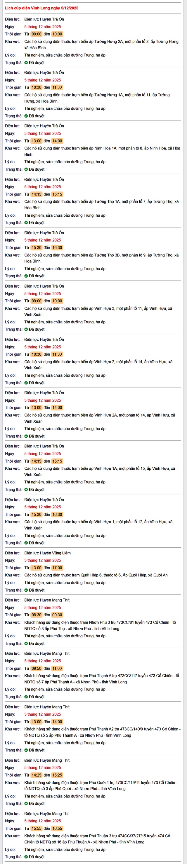 Tra cứu lịch cúp điện Vĩnh Long hôm nay Thứ 6 ngày 5/12/2025- Ảnh 1.