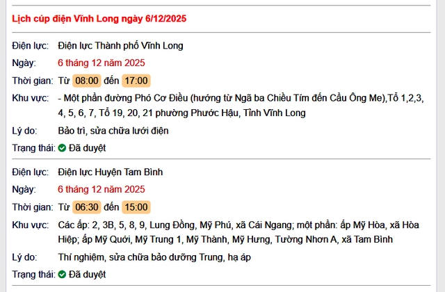 Tra cứu lịch cúp điện Vĩnh Long hôm nay thứ 7 ngày 6/12/2025- Ảnh 1.