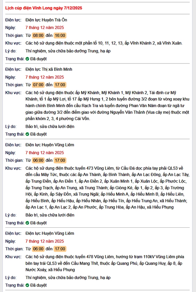 Tra cứu lịch cúp điện Vĩnh Long hôm nay Chủ Nhật ngày 7/12/2025- Ảnh 1. Tra cứu lịch cúp điện Vĩnh Long hôm nay Chủ Nhật ngày 7/12/2025- Ảnh 1.