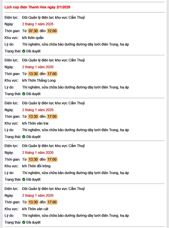 Tra cứu lịch cắt điện Thanh Hóa hôm nay Thứ 6 ngày 2/1/2026- Ảnh 1.